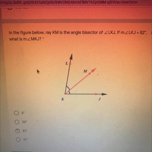 In the figure below, ray KM is the angle bisector of ZLKJ. If MZLKJ = 82,
what is MZMKJ?