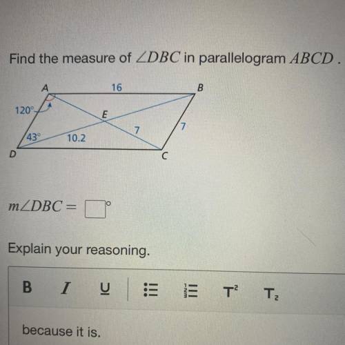 Find the measure of angle DBC in parallelogram ABCD
Pls explain