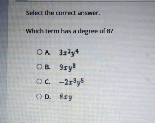 Select the correct answer. Which term has a degree of 8?