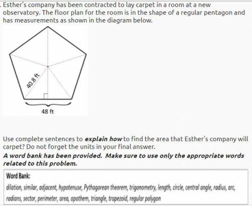 Esther's company has been contracted to lay carpet in a room at a new observatory. The floor plan f