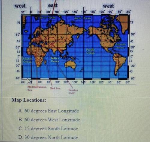 The answer options are on the picture with the map.

1. Location of the letter (1) in the word Atl