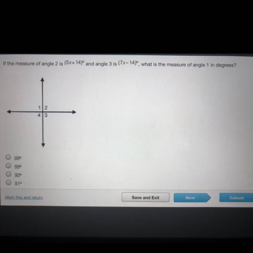 If the measure of angle 2 is (5x+14)° and angle 3 is (7x-14), what is the measure of angle 1 in de