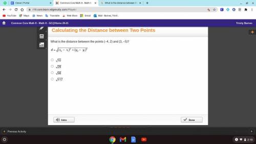 What is the distance between the points (–4, 2) and (3, –5)?

d=*square root start* (x2-x1)+(y2-y1
