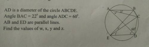 AD is a diameter of circle ABCDE . Angle BAC=22° & angle ADC=60°. AE and ED are parallel lines.