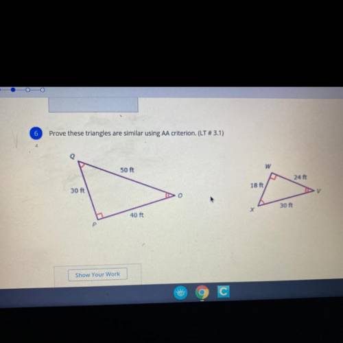 Prove these triangles are similar using AA criterion. (LT # 3.1)

Show Your Work 
(I need help ASA
