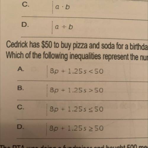 Cedrick has $50 to buy pizza and soda for a birthday party. Each pizza, p, costs $8 and each 2 lite