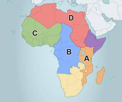 Which region is marked with the letter B?

A. Southern Africa 
B. Central Africa
C. West Africa
D.