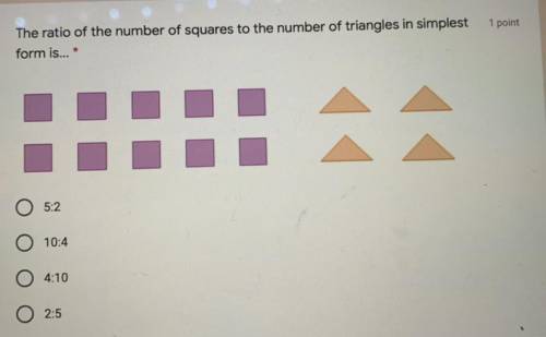 The ratio of the number of squares to the number of triangles in simplify form is..?

 
5:2
10:4
4: