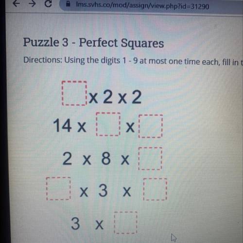 Puzzle 3 - Perfect Squares

Directions: Using the digits 1 - 9 at most one time each, fill in the