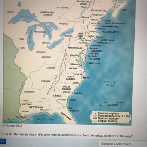 How did the Seven Years War alter imperial relationships in North America, as shown in the map?

A