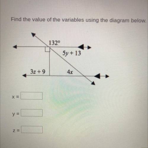 Find the value of the variables using the diagram below
x=
y=
z=