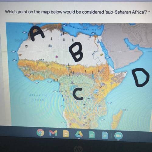 Which point on the map below would be considered 'sub-Saharan Africa'? *
A
A8
B
D