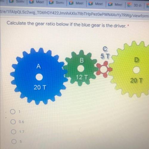 Calculate the gear ratio below if the blue gear is the driver