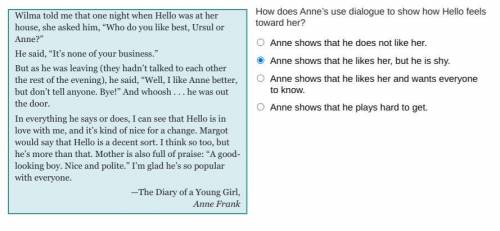 How does Anne’s use dialogue to show how Hello feels toward her?

Anne shows that he does not like