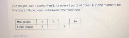 1) A recipe uses 4 parts of milk for every 3 parts of flour. Fill in the number for the chart.

PL