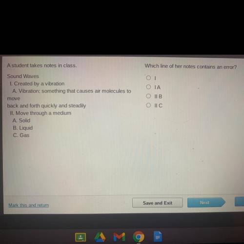 Which line of her notes contains an error?
OT
O TA
O II В
O llc