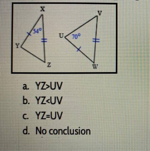 Write an inequality relating the given side lengths, if possible. YZ and UV