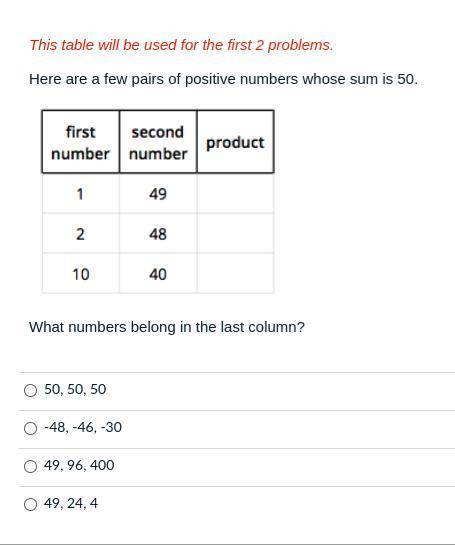 Here are a few pairs of positive numbers whose sum is 50.

What numbers belong in the last column?