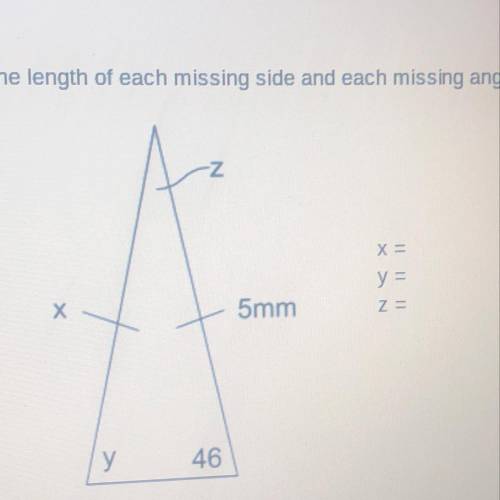 Find the length of each missing side and each missing angle in the isosceles triangles below