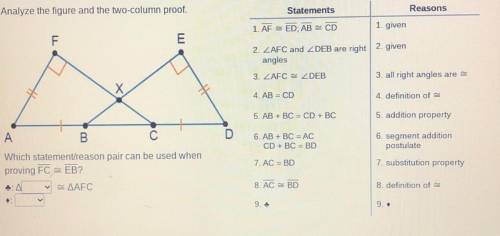 Please help 15 points
Which statement/reason pair can be used when proving FC ~= EB?