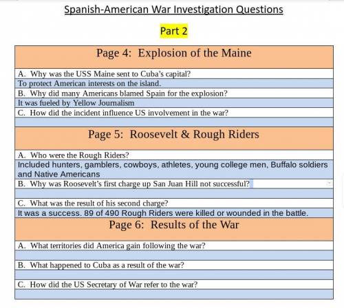 Please answer the questions I didn't answer. Spanish American War.