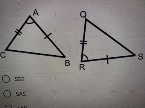 Which triangle congruence is this a picture of?
SSS
SAS
AAS
HL