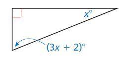 Find the measure of each acute angle.
(3x + 2)∘ = and x∘ =