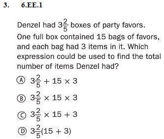Denzel has 3 2/5 boxes of party favors. One full box contains 15 bags of favors and each bag has 3