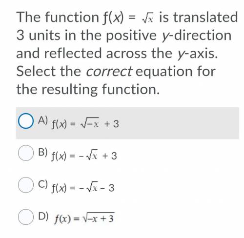 The function ƒ(x) = is translated 3 units in the positive y-direction and reflected across the y-ax