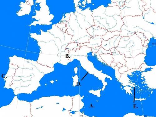 Question 10 options:

Lisbon
Mediterranean Sea
The Alps
Rome
Athens
1. 
A
2. 
B
3. 
C
4. 
D
5. 
E