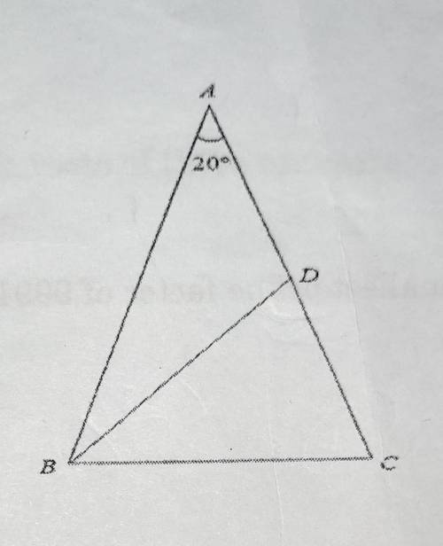 The diagram shows a triangle ABC where AB=AC , BC=AC, and ⦟BAC = 20 degree, find ⦟ADB