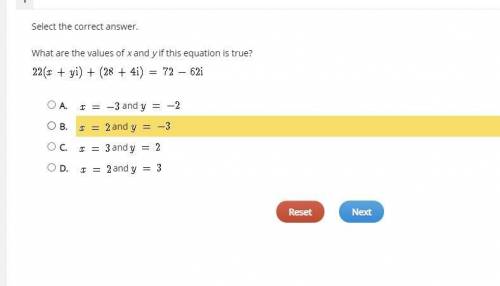 Select the correct answer.

What are the values of x and y if this equation is true?
22(X+yi)+(28+
