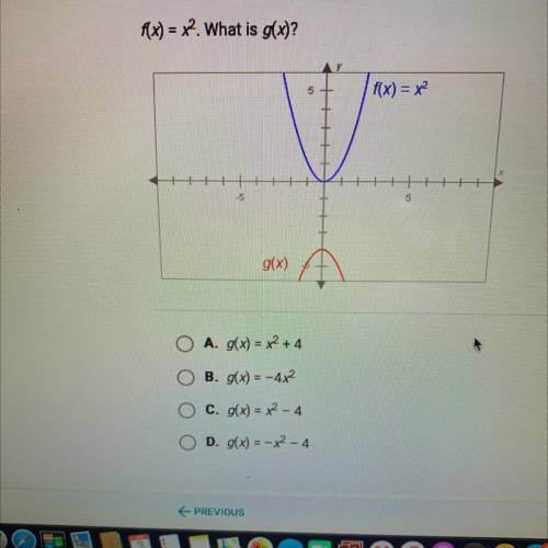 F(x) = 2. What is g(x)?

А. g(x) = х2 +4
В. g(x) = -4х2
ОООО
Ос. g(x) = х2 - 4
D. g(x) =-x2 - 4