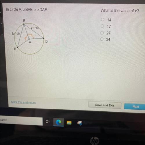 In circle A, ZBAE ZDAE.
What is the value of x?