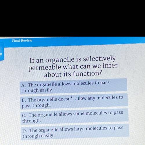If an organelle is selectively
 

permeable what can we infer
about its function?
MULTIPLE CHOICE