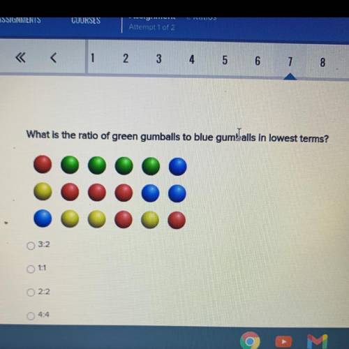 10 points What is the ratio of the green gumballs to blue gumballs in the lowest term?