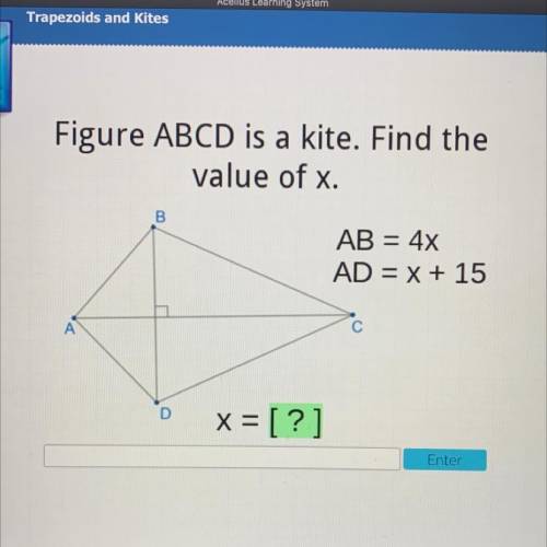 Figure ABCD is a kite. Find the
value of x.