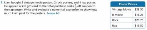 Liam bought 2 vintage movie posters, 2 rock posters, and 1 rap poster. He applied a $35 gift card t
