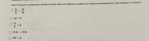 Which formula is comparing a sample of a gas under two different conditions of volume and temperatu