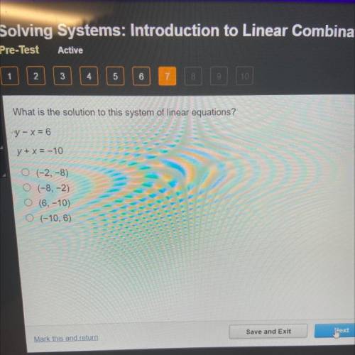 What is the solution to his system of linear equations? Y-x=6. Y+x=-10
