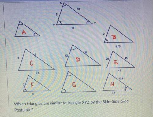 Which triangles are similar to triangle XYZ by the side-side-side postulate?