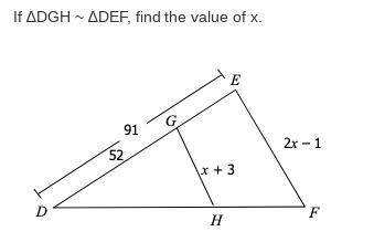 If ∆DGH ~ ∆DEF, find the value of x.