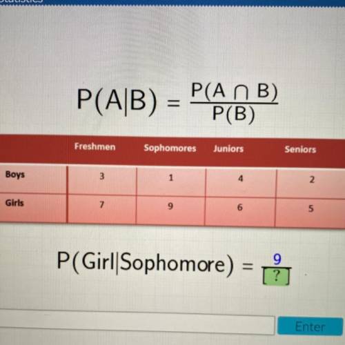 P (A|B) = P (A n B) / P (B) 
P (Girl | Sophmore)