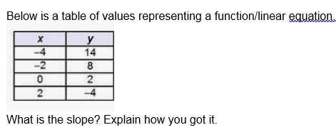 Below is a table of values representing a function/linear equation. What is the slope? Explain how