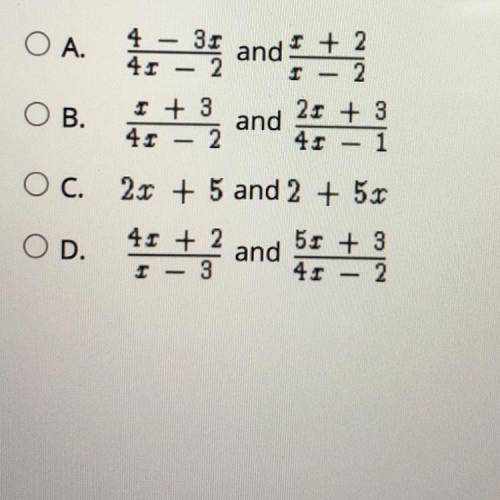 Select the correct answer.

Which pair of expressions represents inverse functions?
Help me pleas