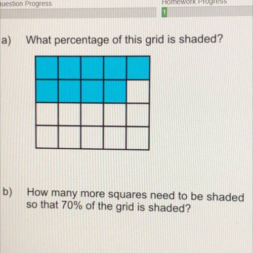 75%

a)
What percentage of this grid is shaded?
9/20
b)
How many more squares need to be shaded
so