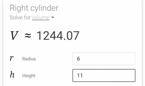 What is the volume of a cylinder with 11 in height and a 6 in radius