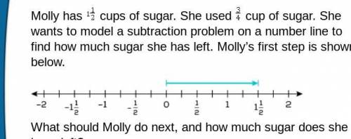 Molly has 1 1/2 cups of sugar. She used 3/4 cup of sugar. She wants to model a subtraction problem