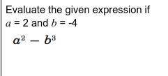 Evaluate the given expression if a = 2 and b = -4 
a2-b3