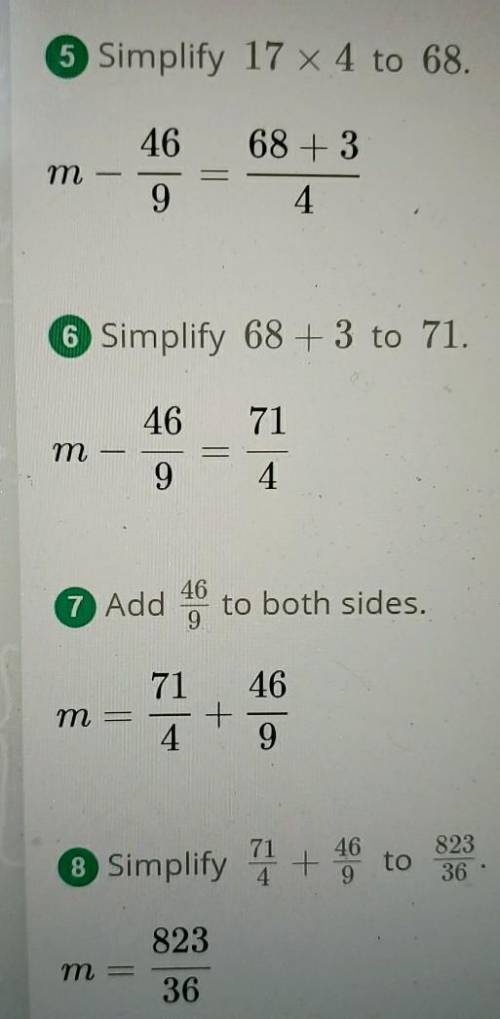 What is the first step in solving the equation? m-5 1/9 = 17 3/4?

A. Divide both sides by 5 and 1/